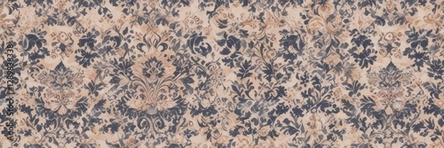 Seamless damask print in soft peach and navy tones, showcasing repeating borders and classic scrollwork, vintage, textured