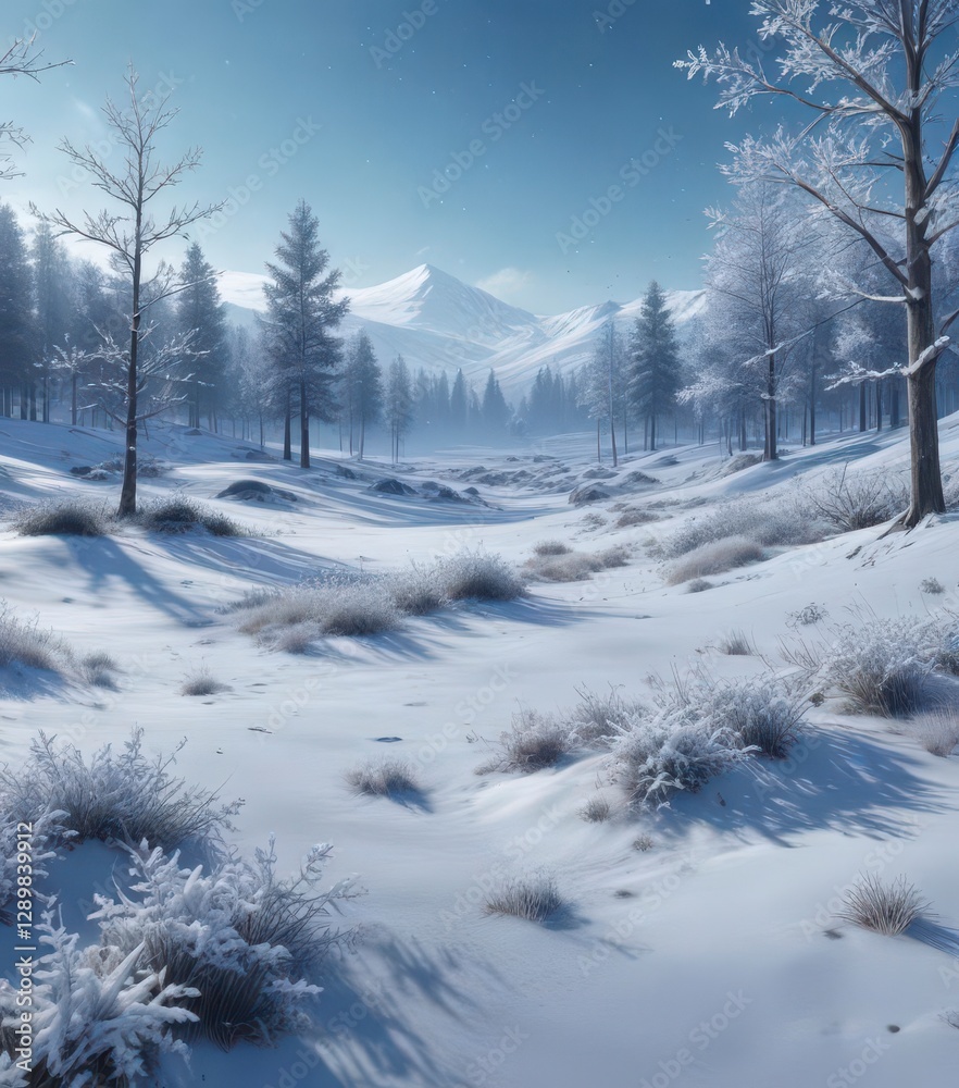 Obraz premium Snowflakes gently fall on a serene blue winter landscape, landscape, serene
