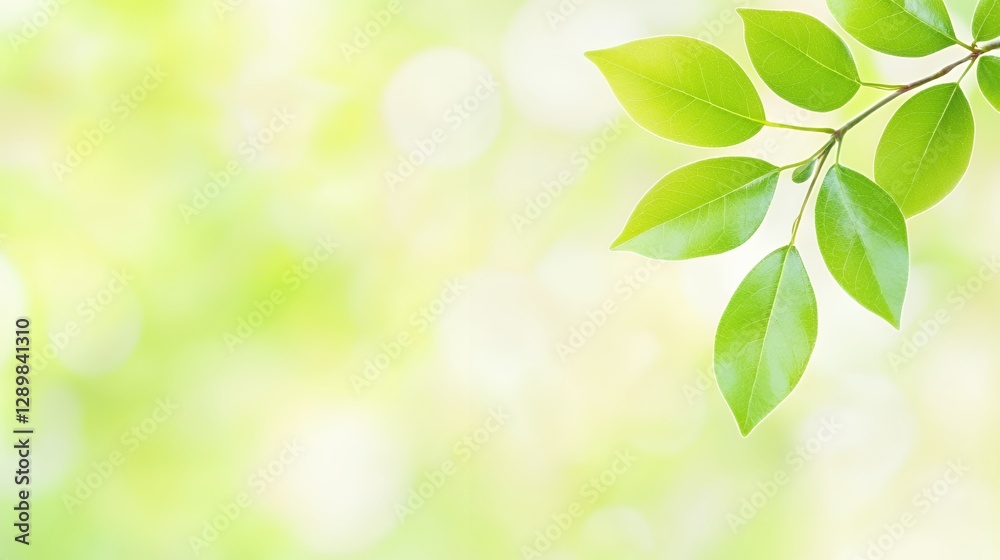 Vibrant Green Leaves with Dew Drops on Branch, Soft Bokeh Background Vibrant Green Leaves with Dew Drops on Branch, Soft Bokeh Background