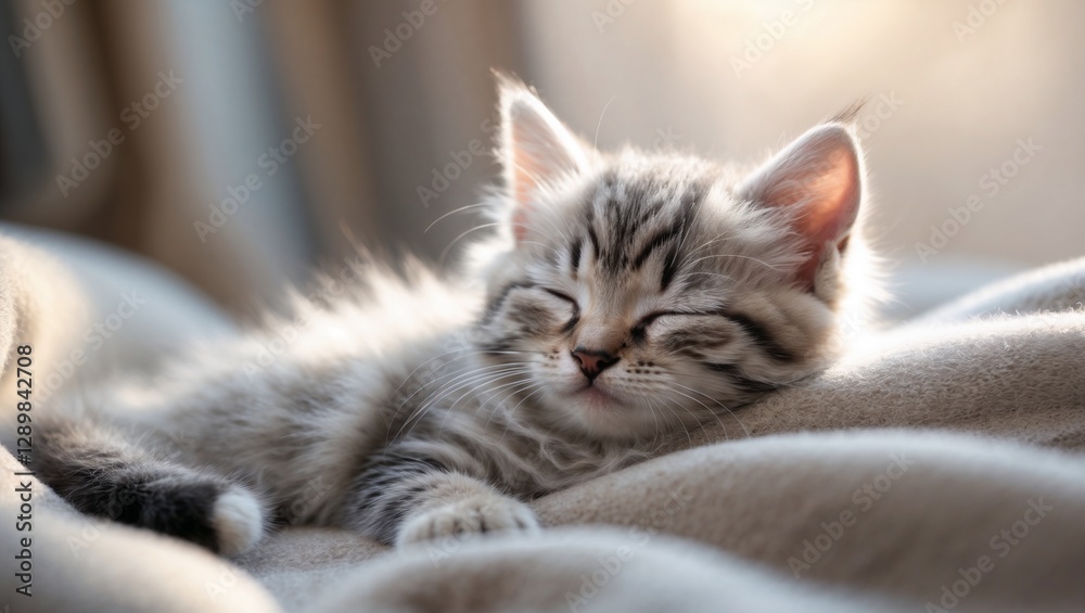 Sweet Tabby Kitten Dreaming on a Soft Blanket in Gentle Light Sweet Tabby Kitten Dreaming on a Soft Blanket in Gentle Light