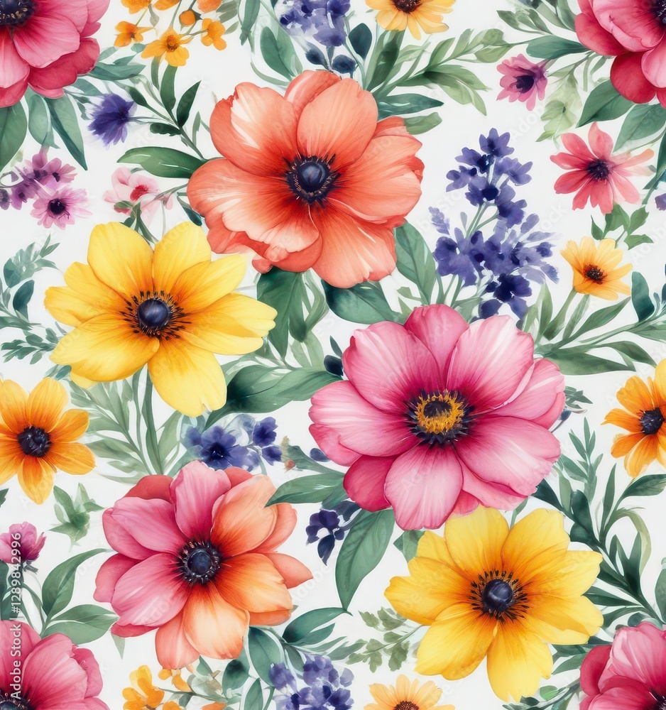 Fototapeta premium Vibrant watercolor blooms against a white background , nature-inspired art, floral arrangements