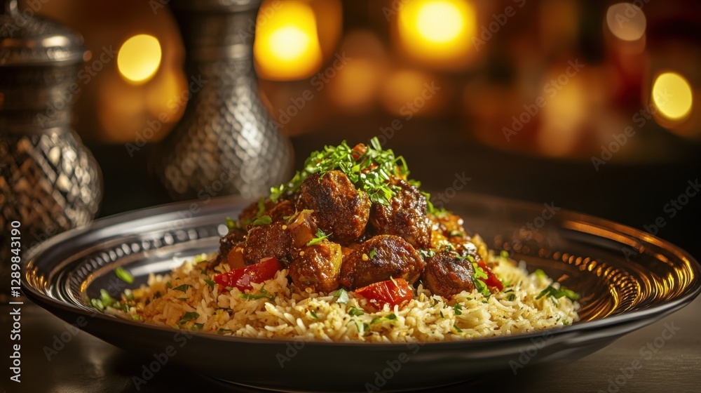 Exquisite dish of spiced meat and fragrant rice on a decorative plate Exquisite dish of spiced meat and fragrant rice on a decorative plate