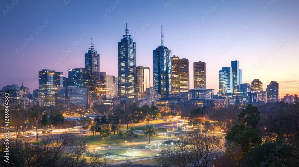 Obraz premium Melbourne City Skyline at Dusk: A Breathtaking Panoramic View