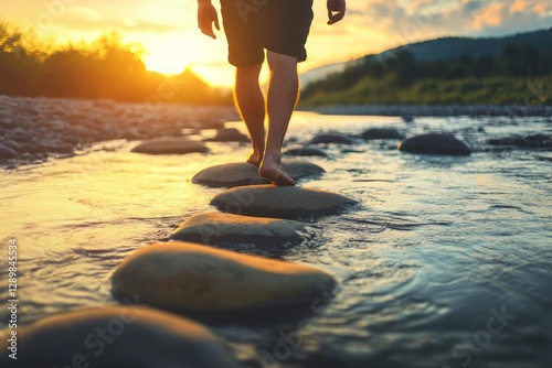 A solitary man crosses a shimmering river at sunset, carefully stepping on stones, symbolizing patience, selfdiscovery, and the courageous pursuit of new paths and adventures in life