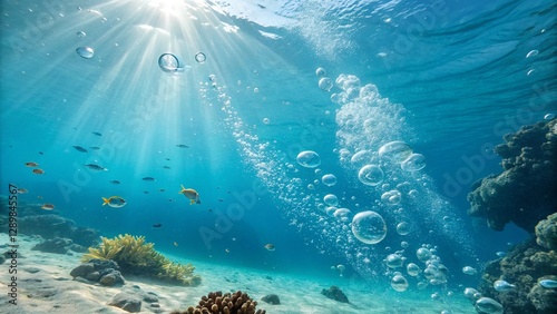 Dynamic underwater shot of air bubbles rushing upwards towards the sunlit surface. Captures the energy and clarity of the deep blue sea photo