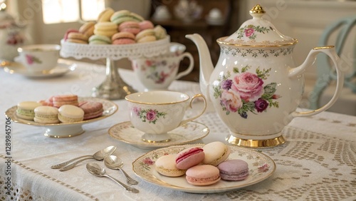 Wallpaper Mural Sweet treat afternoon tea with pastel macarons and a floral tea service.  A delightful and charming setup perfect for lifestyle and food imagery Torontodigital.ca