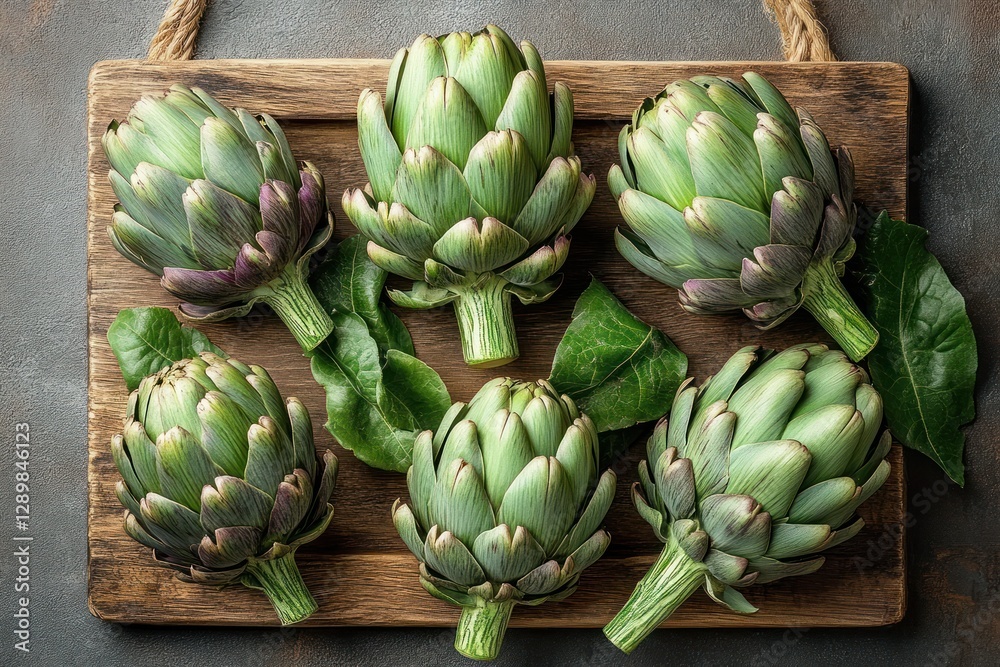 Obraz premium Fresh Organic Green Artichokes on Rustic Wooden Board in Natural Light