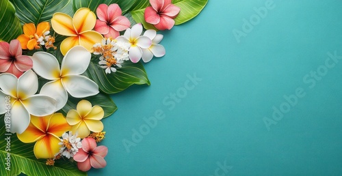 Tropical Floral Arrangement with White Plumeria Colorful Orchids and Palm Leaves on Teal Background