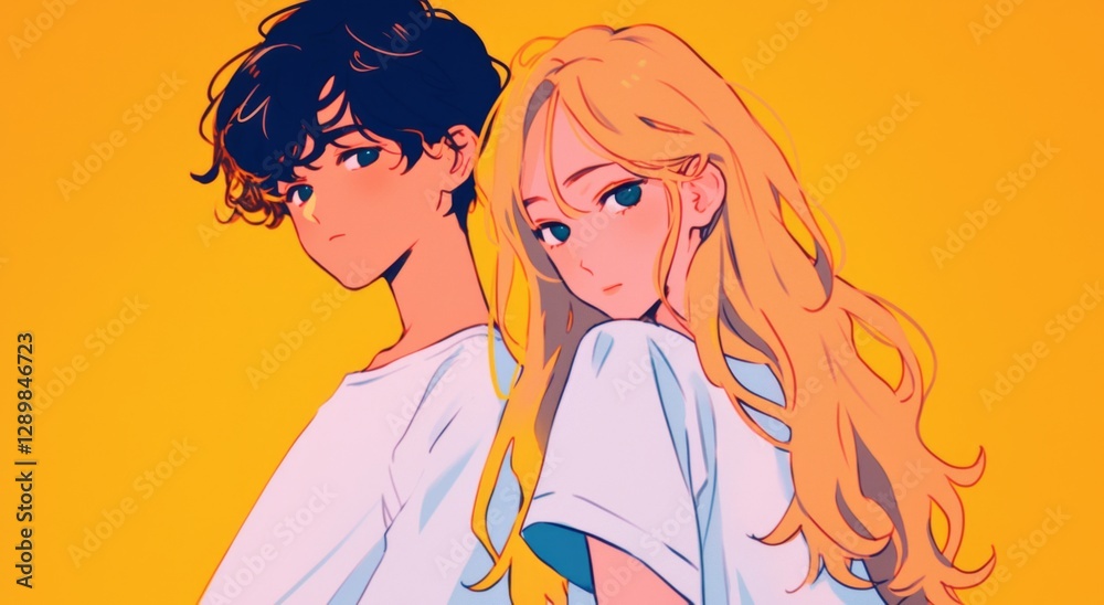 Androgynous Person with Their Blonde-Haired Partner in Anime Style Androgynous Person with Their Blonde-Haired Partner in Anime Style