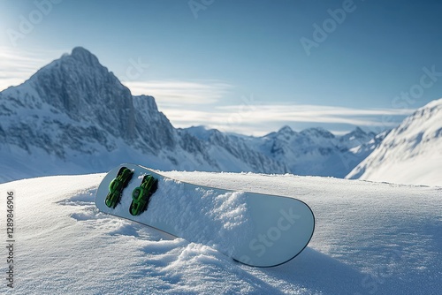 Snowboarding Setup on Snowy Mountain Landscape in Bright Daylight photo