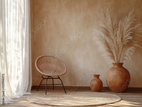 Cozy Minimalist Living Room with Terracotta Vases and Dried Pampas Grass in Scandinavian Design photo