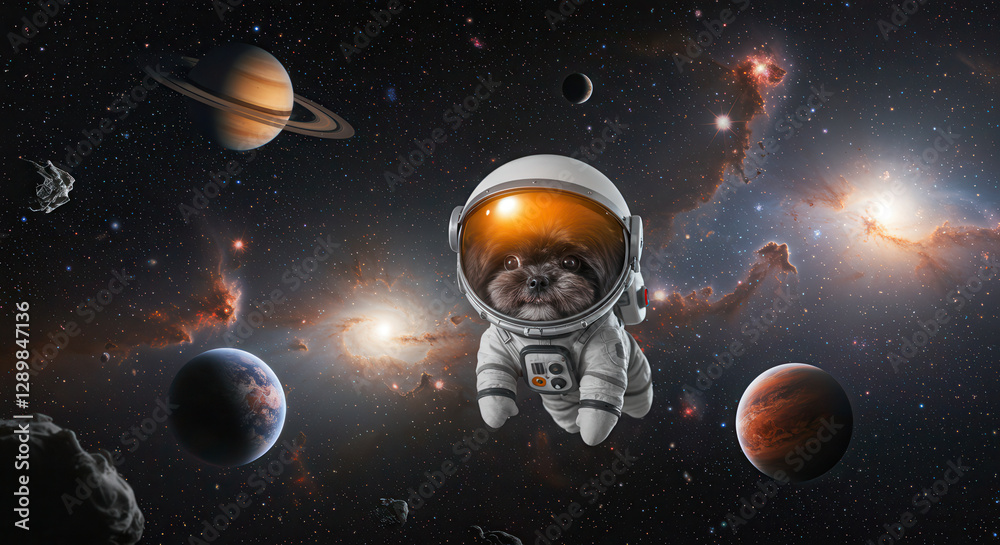 Fototapeta premium Adorable Cat Astronaut Exploring Planets and Galaxies in Space Adventure Scene