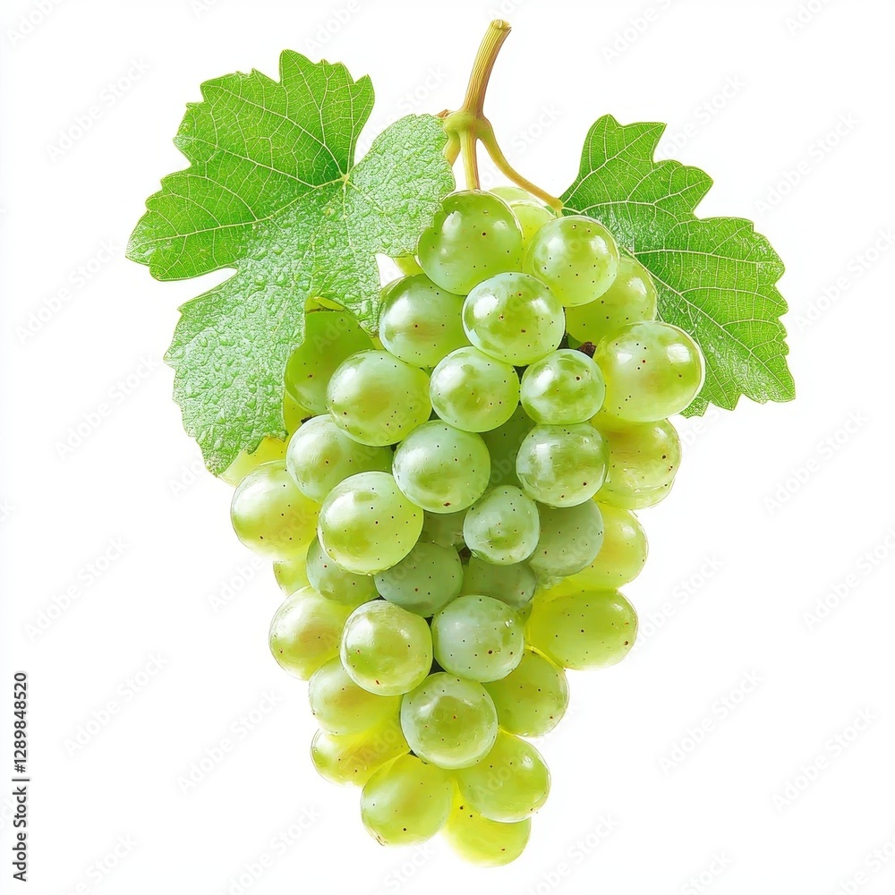 Obraz premium Fresh Green Grapes Bunch with Leaves Isolated on White Background