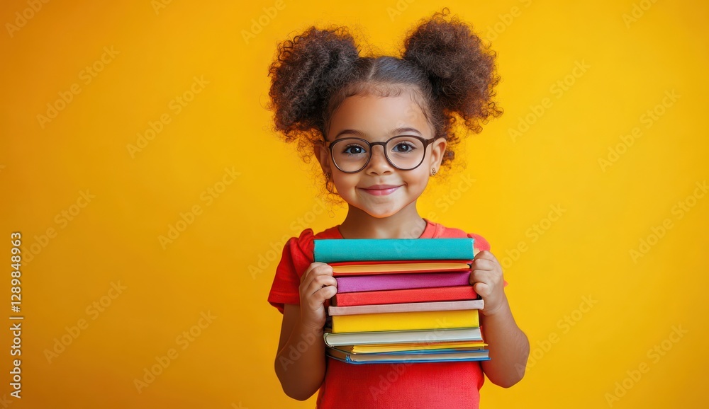joyful smiling Black child with glasses holding colorful books against yellow background joyful smiling Black child with glasses holding colorful books against yellow background