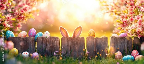 Easter Bunny Ears Wooden Fence Colorful Eggs Cherry Blossoms Spring Scene photo