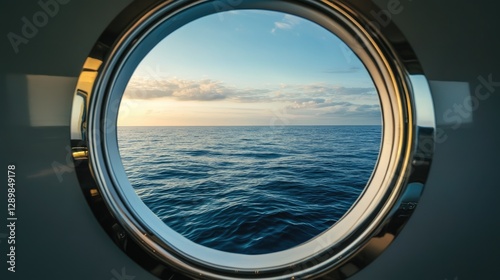 A porthole window on a luxury yacht reveals calm ocean waters, creating a serene atmosphere framed against a crisp, white background.
