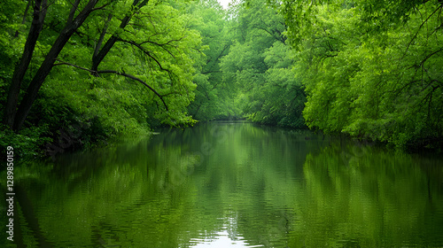Serene Green River Flowing Through Lush Forest