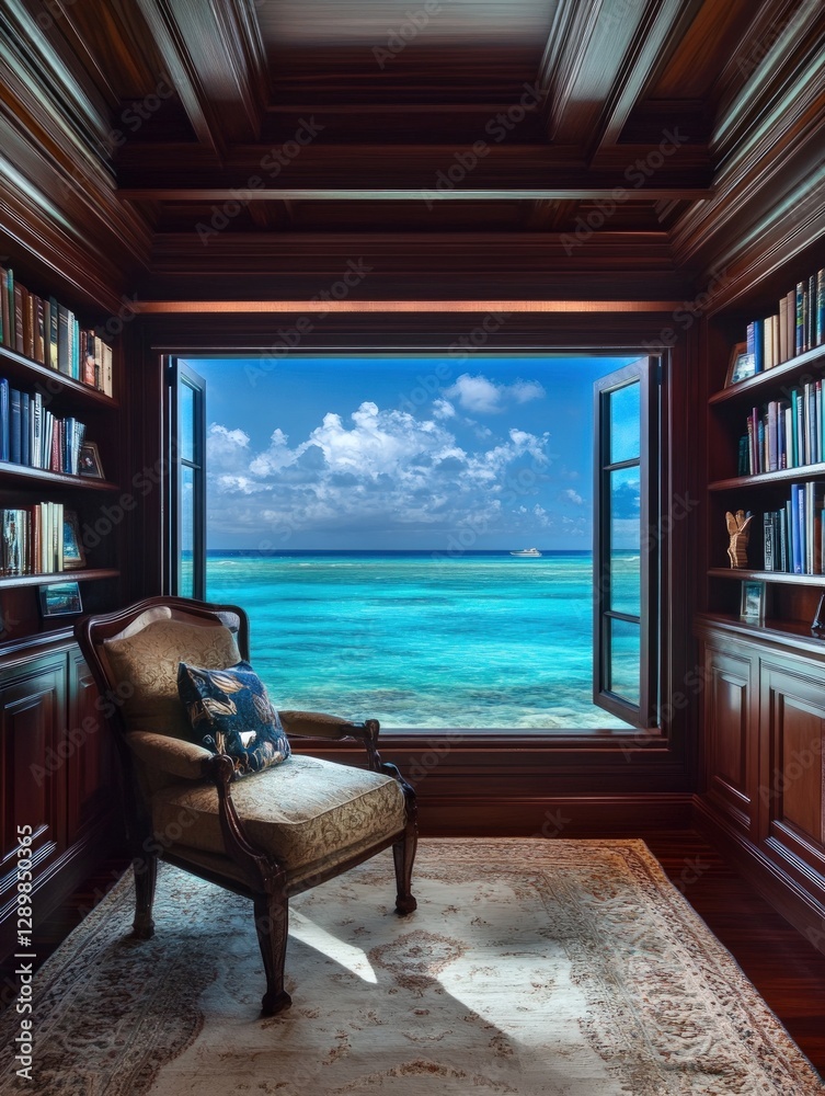 Naklejka premium Luxurious Library Interior with Ocean View Through Open Window Featuring a Comfortable Armchair and Bookshelves