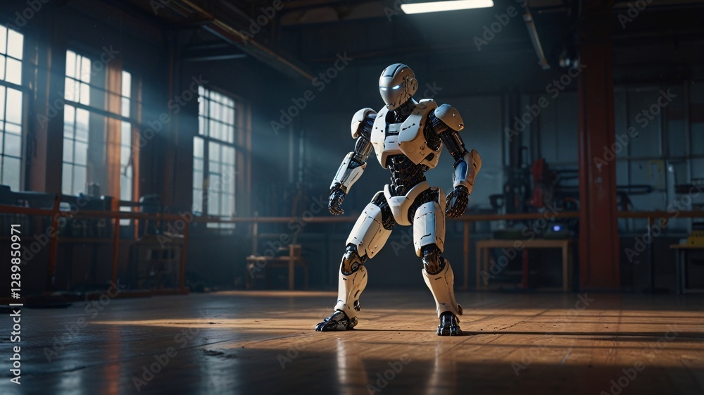 Naklejka premium A humanoid combat robot practicing martial arts in a high-tech dojo, ultra-fluid motion, glowing cybernetic joints, futuristic energy field as a training partner, cinematic slow-motion action