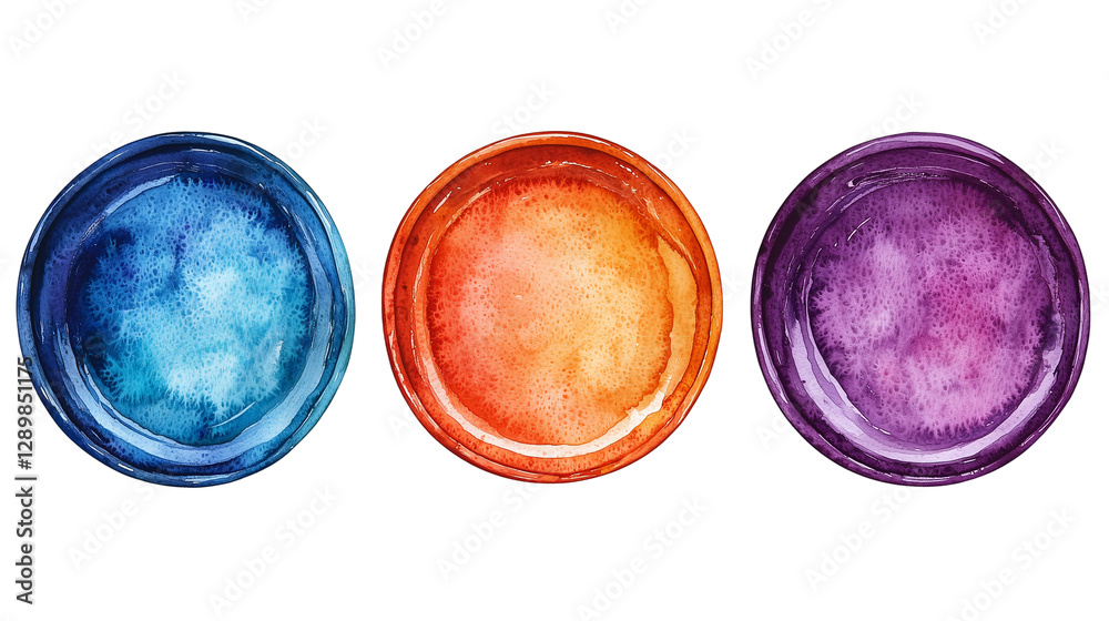 Set of watercolor paint circles in bright artistic hues, hand-painted ink textures, isolated on transparent background Set of watercolor paint circles in bright artistic hues, hand-painted ink textures, isolated on transparent background