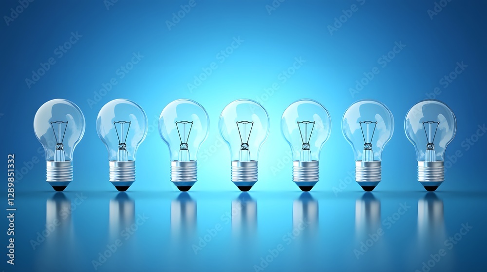 Several Light Bulbs Illuminated on a Reflective Blue Surface Several Light Bulbs Illuminated on a Reflective Blue Surface