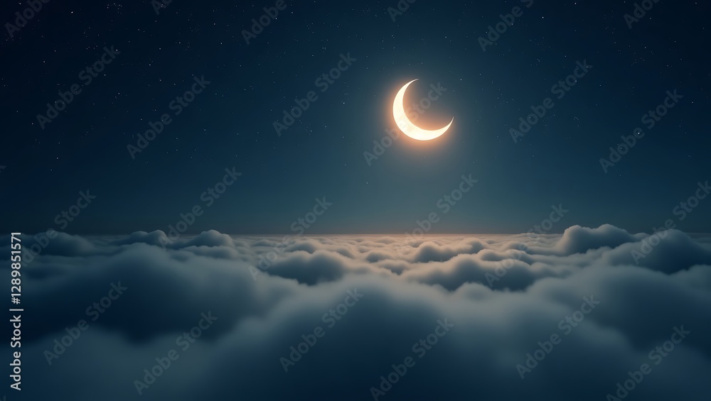 Naklejka premium Crescent Moon Above a Sea of Clouds: A Night Sky Dream