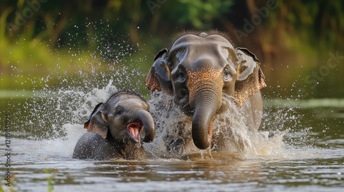 A serene and heartwarming shot of an elephant calf with its mother, splashing water in a river as the family enjoys a joyful bath together.
