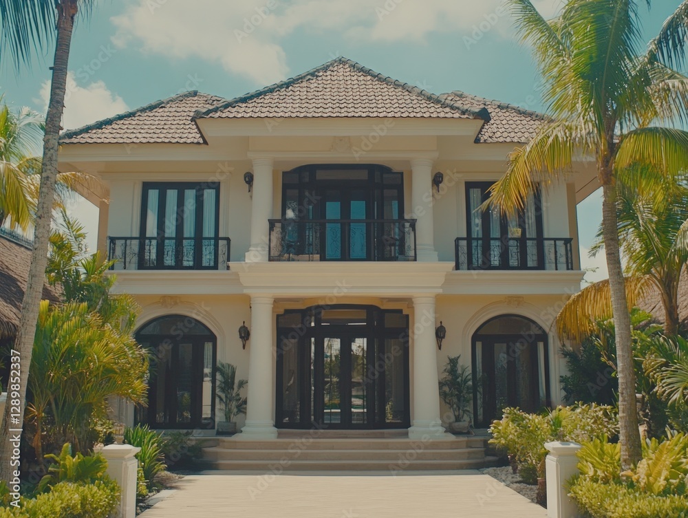 Fototapeta premium Luxurious Two Story House Exterior with Tiled Roof Balconies and Lush Landscaping