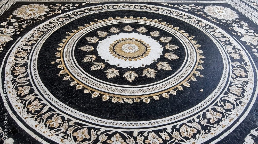 Obraz premium Elegant Black and White Mosaic Floor with Floral Patterns Design