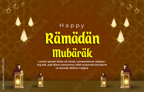 happy ramadan mubarak template banner with beautiful islamic ornament with brown background design 15