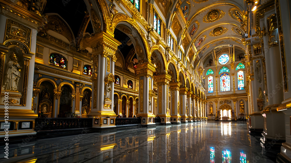Obraz premium Grand Cathedral Interior with Gold Accents and Stained Glass