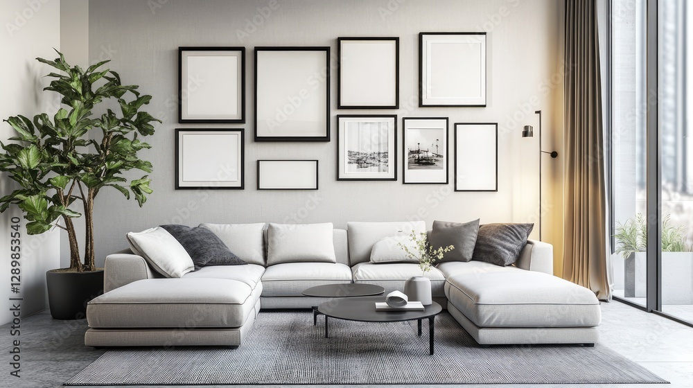 Fototapeta premium A sleek, contemporary living room with a photo frame gallery wall arranged in various sizes and orientations for a dynamic, modern look.