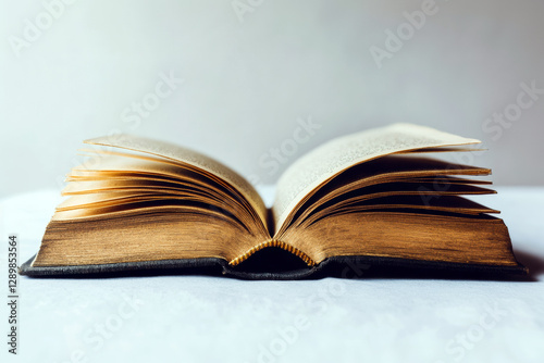 Vintage open book with aged yellow pages on soft background.