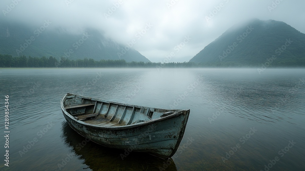 Fototapeta premium Misty Mountain Lake with Solitary Rowboat
