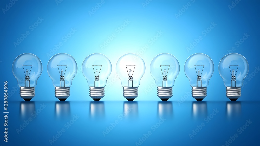 Seven light bulbs in a row with one brightly illuminated Seven light bulbs in a row with one brightly illuminated