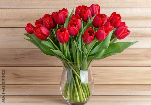 Bouquet of Red Tulips in Glass Vase on Wooden Background