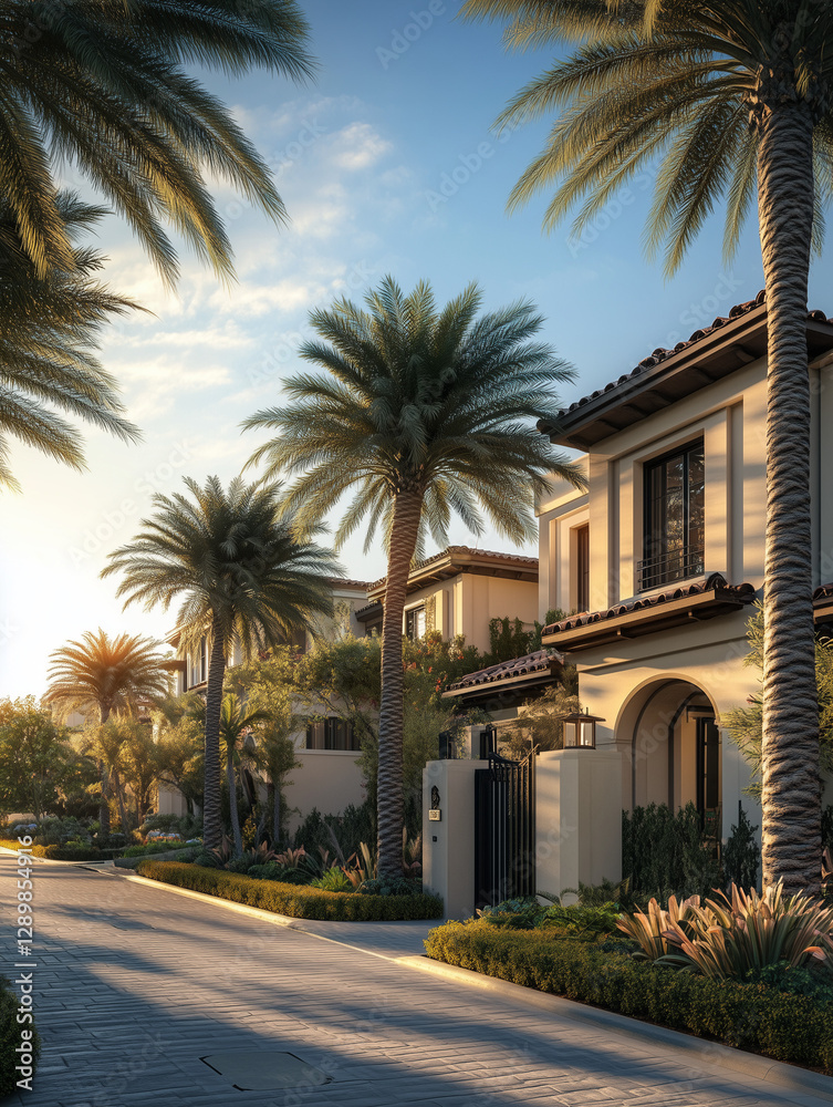 A luxury gated community with modern villas, palm tree-lined streets A luxury gated community with modern villas, palm tree-lined streets