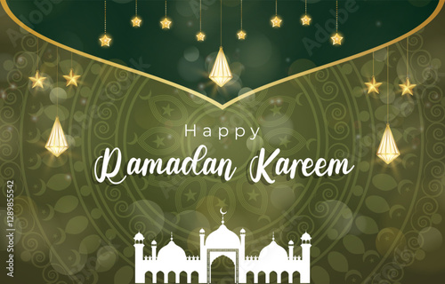 happy ramadan kareem template banner with beautiful islamic ornament with green background design 15
