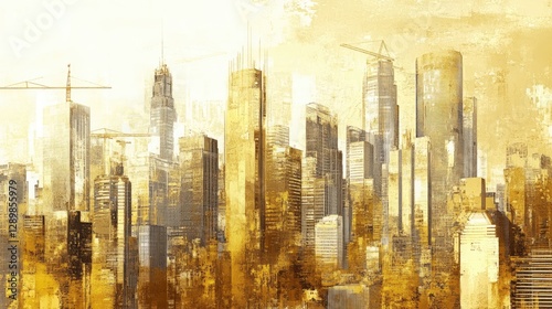 A stunning golden cityscape featuring tall skyscrapers, construction cranes, and fine details, symbolizing luxury, progress, and ambition in modern architecture.