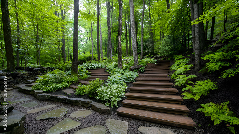 Obraz premium Wooden Steps Winding Through a Lush Green Forest Garden