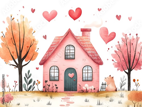 The charming cottage in a watercolor painting is lovely