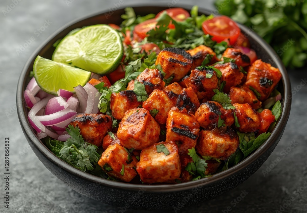 Grilled Spicy Tofu Salad with Fresh Vegetables, Cherry Tomatoes, Lime Wedges, and Herbs in a Black Bowl on Gray Background Grilled Spicy Tofu Salad with Fresh Vegetables, Cherry Tomatoes, Lime Wedges, and Herbs in a Black Bowl on Gray Background