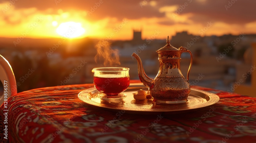 Fototapeta premium Traditional Moroccan Tea Set against a Stunning Sunset View
