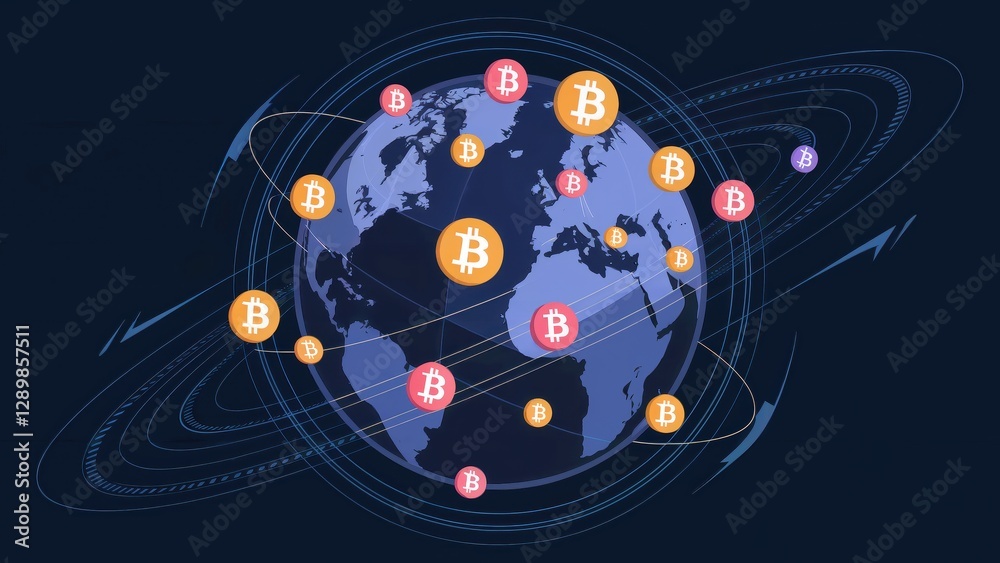 Obraz premium A blue globe with many different colored of bitcoin coins on it. The coins are labeled with bitcoin