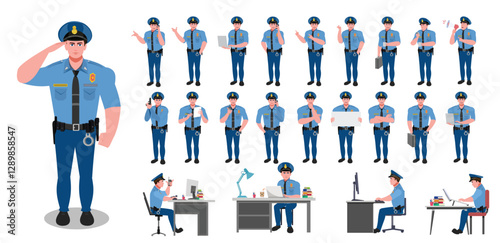 
Police Officer Character Design Model Sheet. Man, Character design. Front, side, back view and explainer animation poses. Character set with lip sync and Walk cycle animation sequences.
