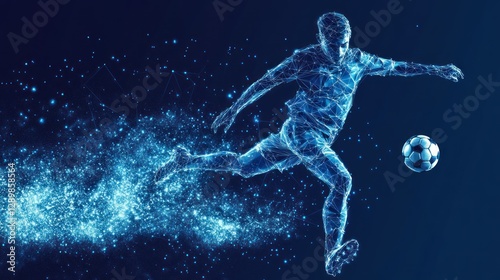 Abstract digital illustration of a soccer player kicking a ball.