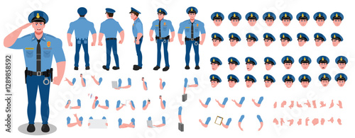 
Police Officer Character Design Model Sheet. Man, Character design. Front, side, back view and explainer animation poses. Character set with lip sync and Walk cycle animation sequences.
