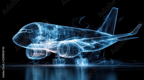Futuristic x ray style visualization of the inner workings and blueprint design of a high tech advanced jet aircraft or passenger plane showcasing its complex engineering and infrastructure