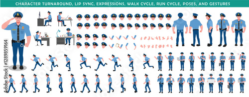 
Police Officer Character Design Model Sheet. Man, Character design. Front, side, back view and explainer animation poses. Character set with lip sync and Walk cycle animation sequences.
