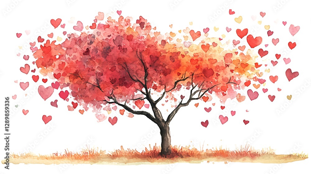 Fototapeta premium A Watercolor Tree Displays Hearts for Someone to Love